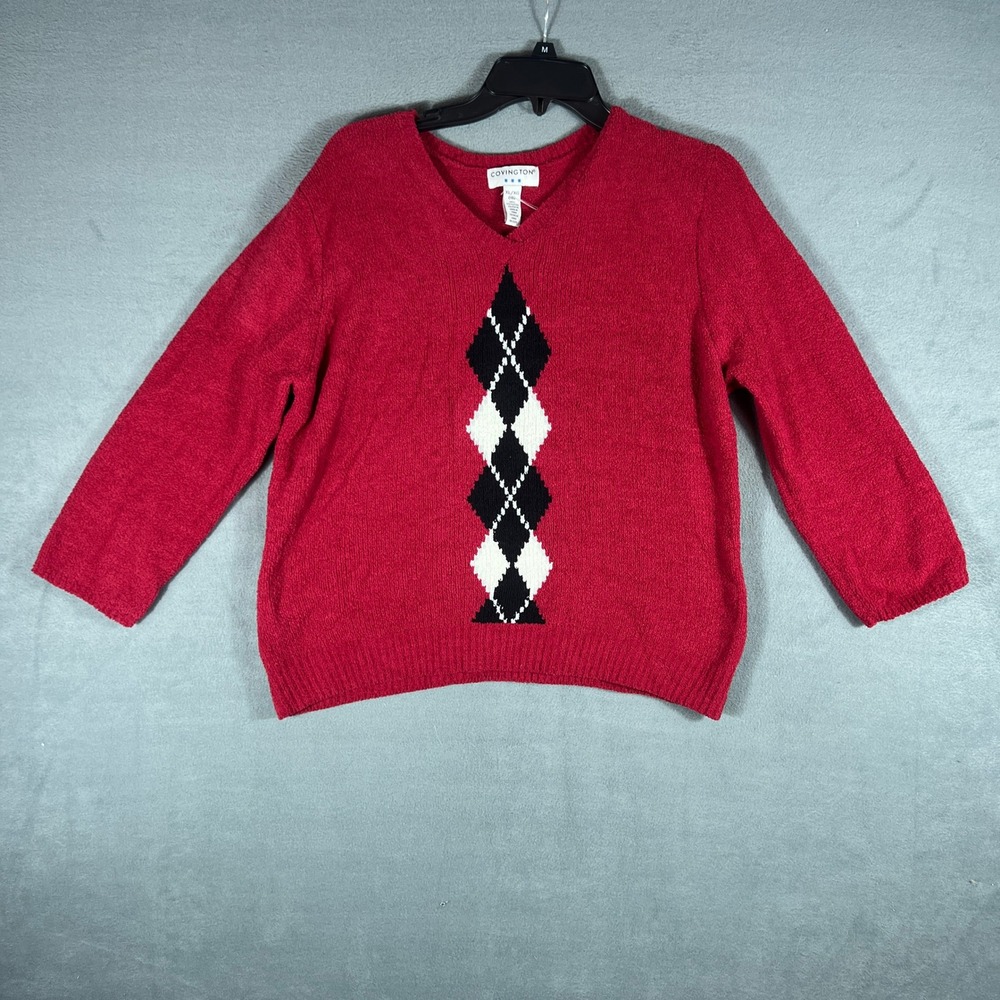 Covington Womens Sweater XL/XG (18) Red Argyle V-Neck Long Sleeve Vintage Y2K